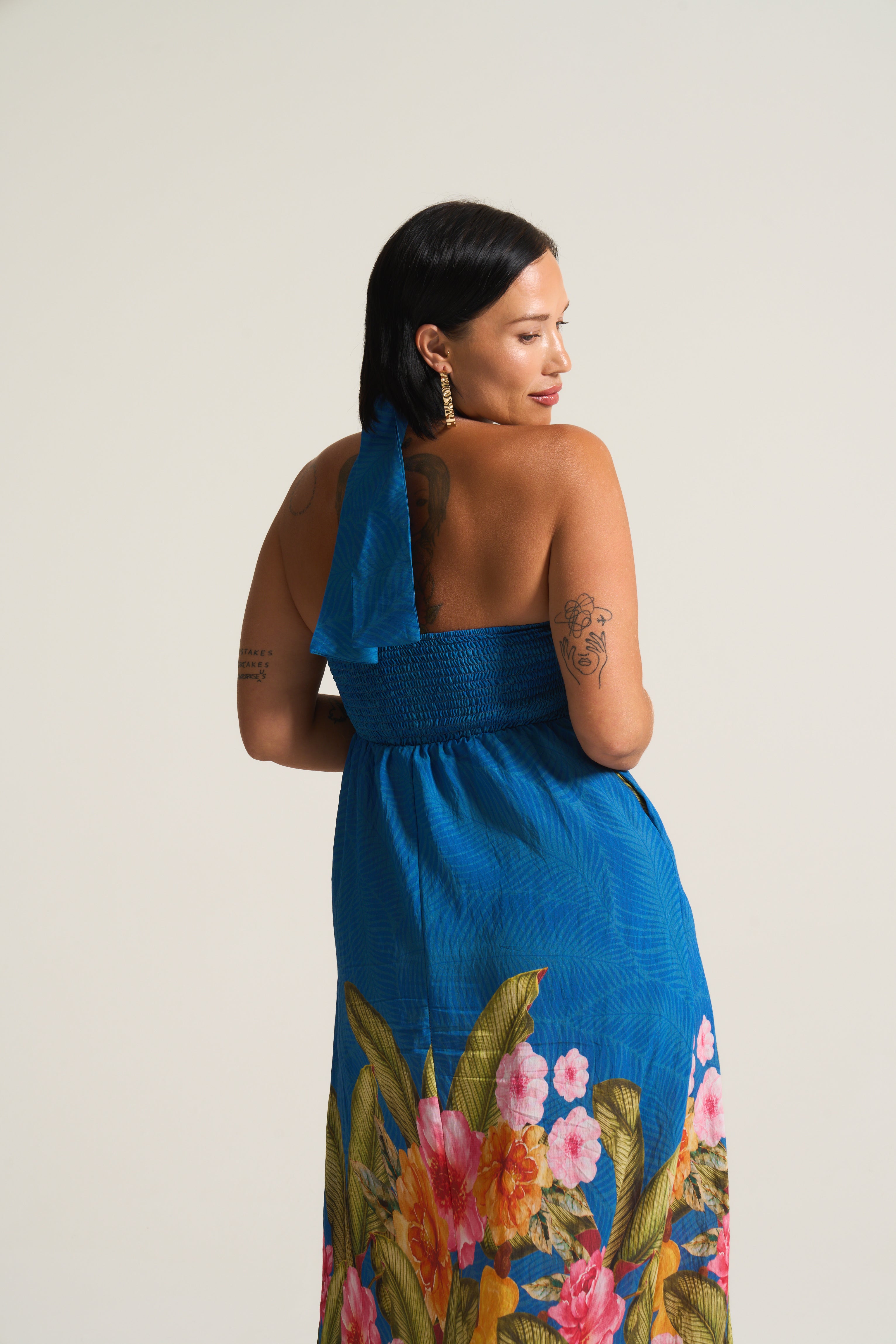 Kendal Sheering Dress in Blue Tropical