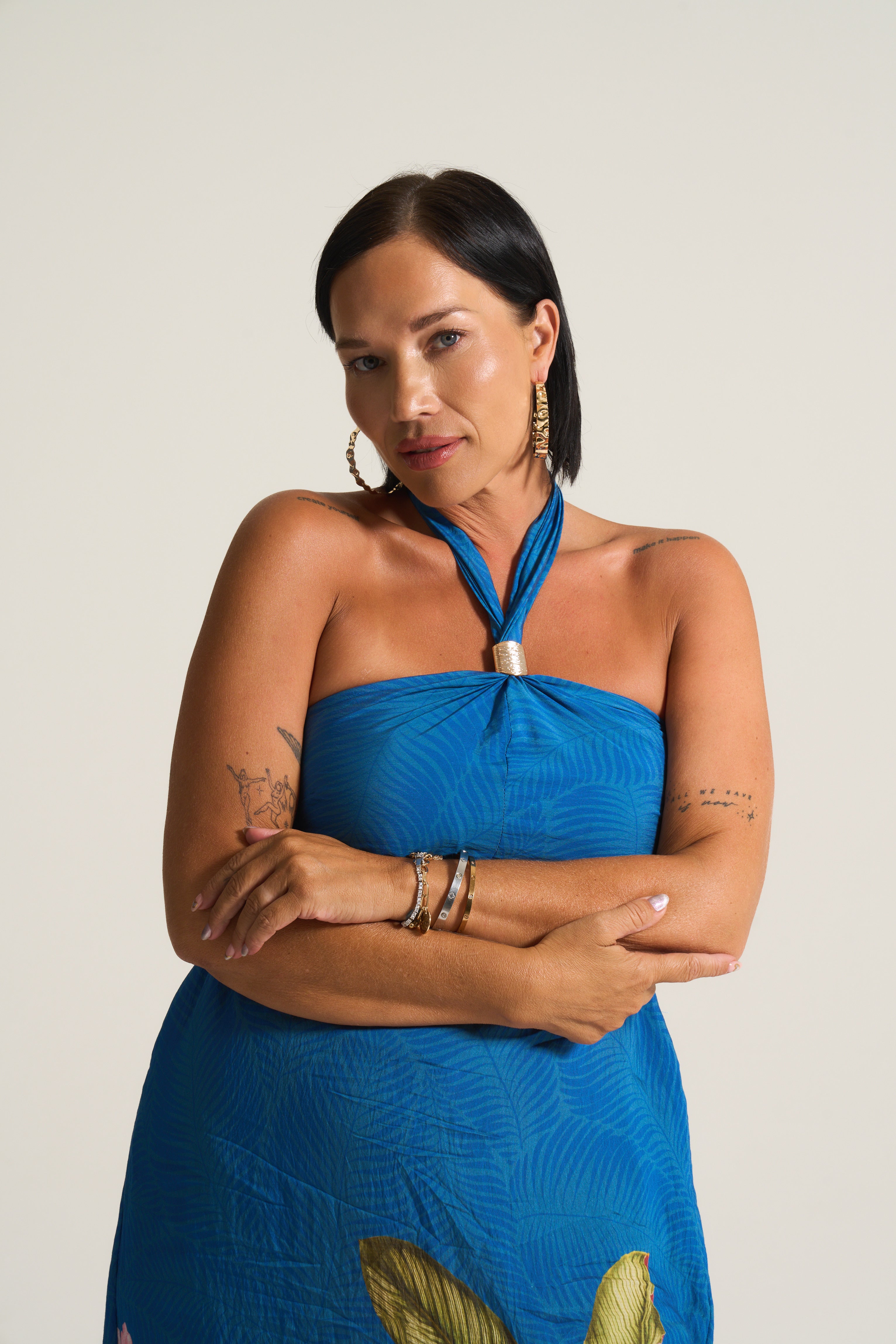 Kendal Sheering Dress in Blue Tropical