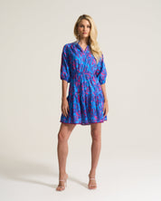 Woman wearing a blue patterned dress on a white background