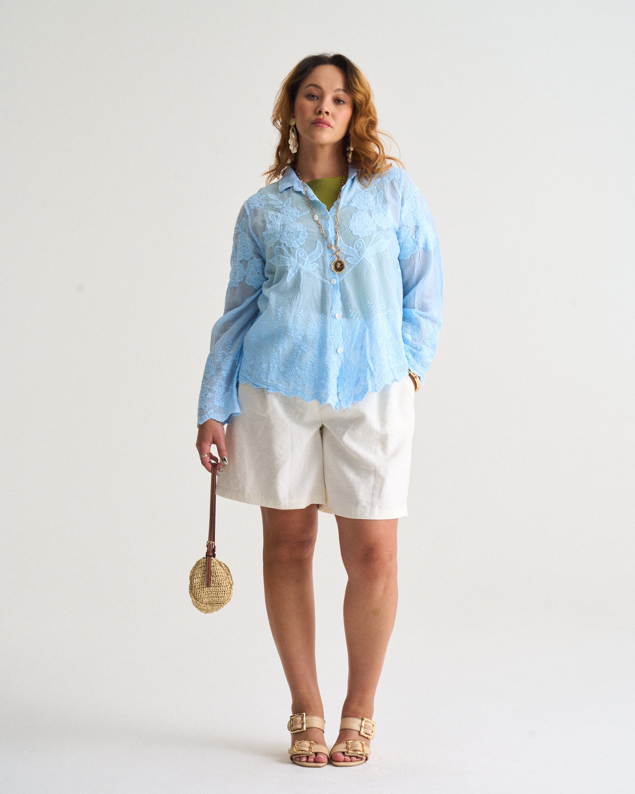 Applique Cotton Blouse In Sky Blue