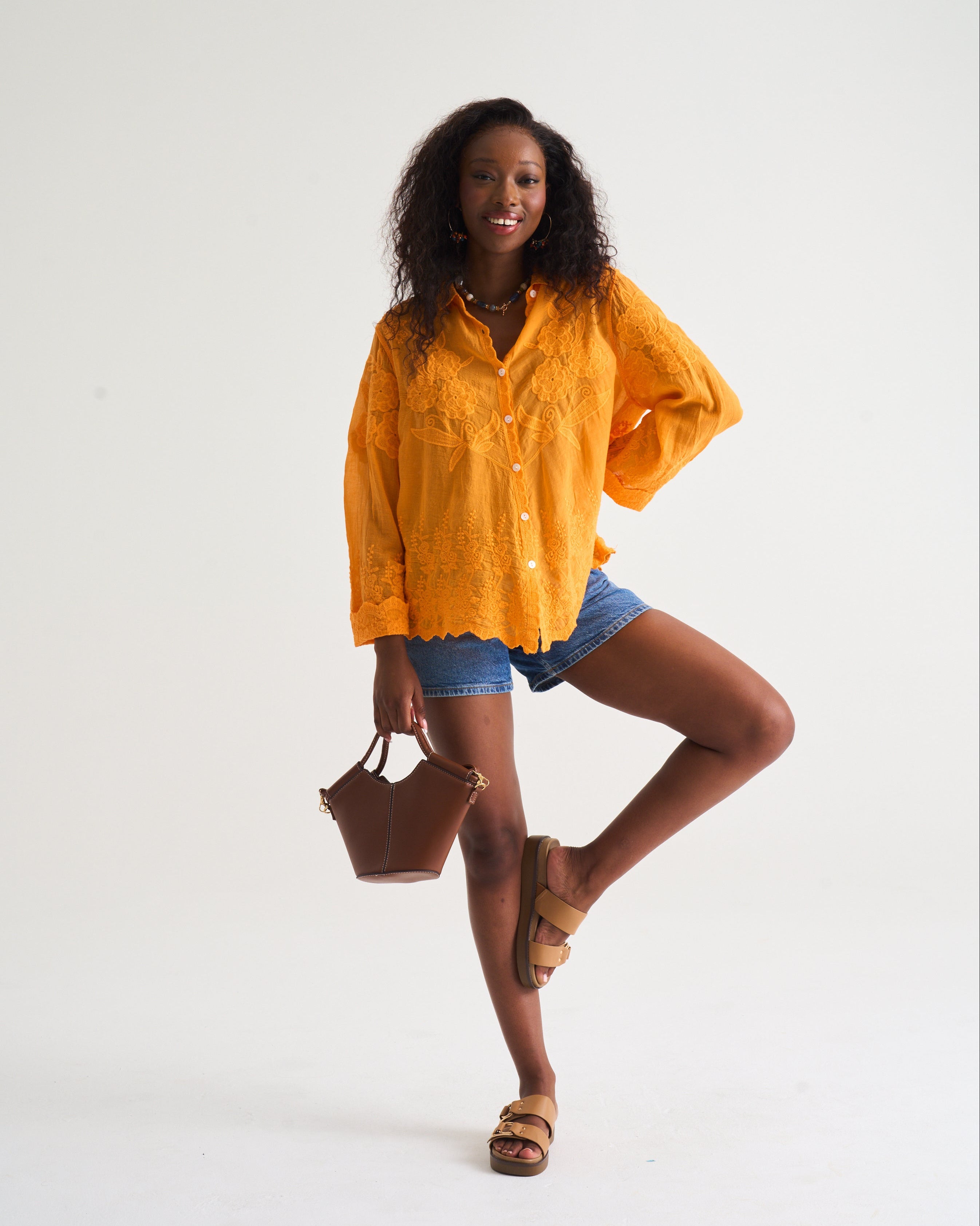 Appliqué Cotton Blouse in Mango