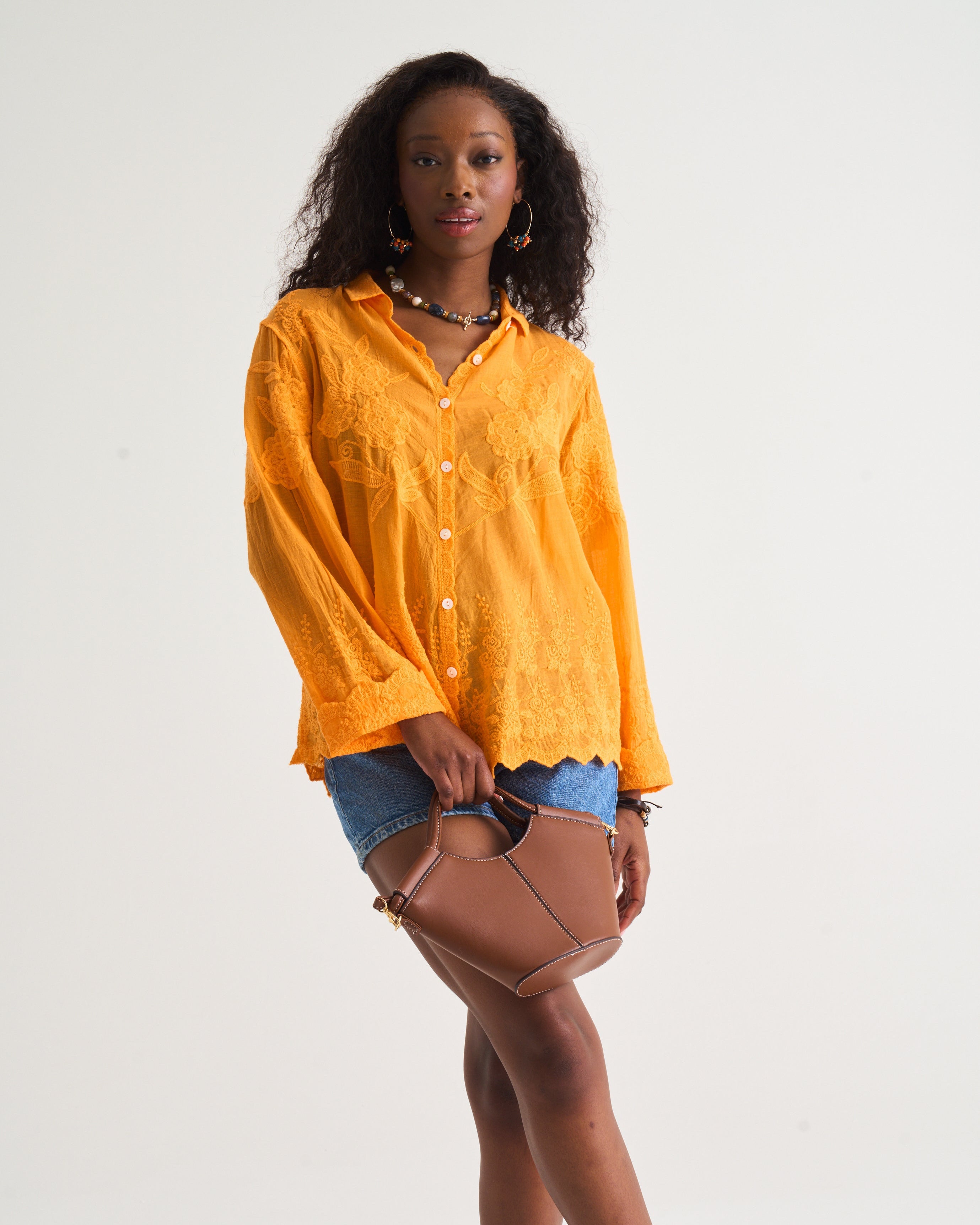 Appliqué Cotton Blouse in Mango