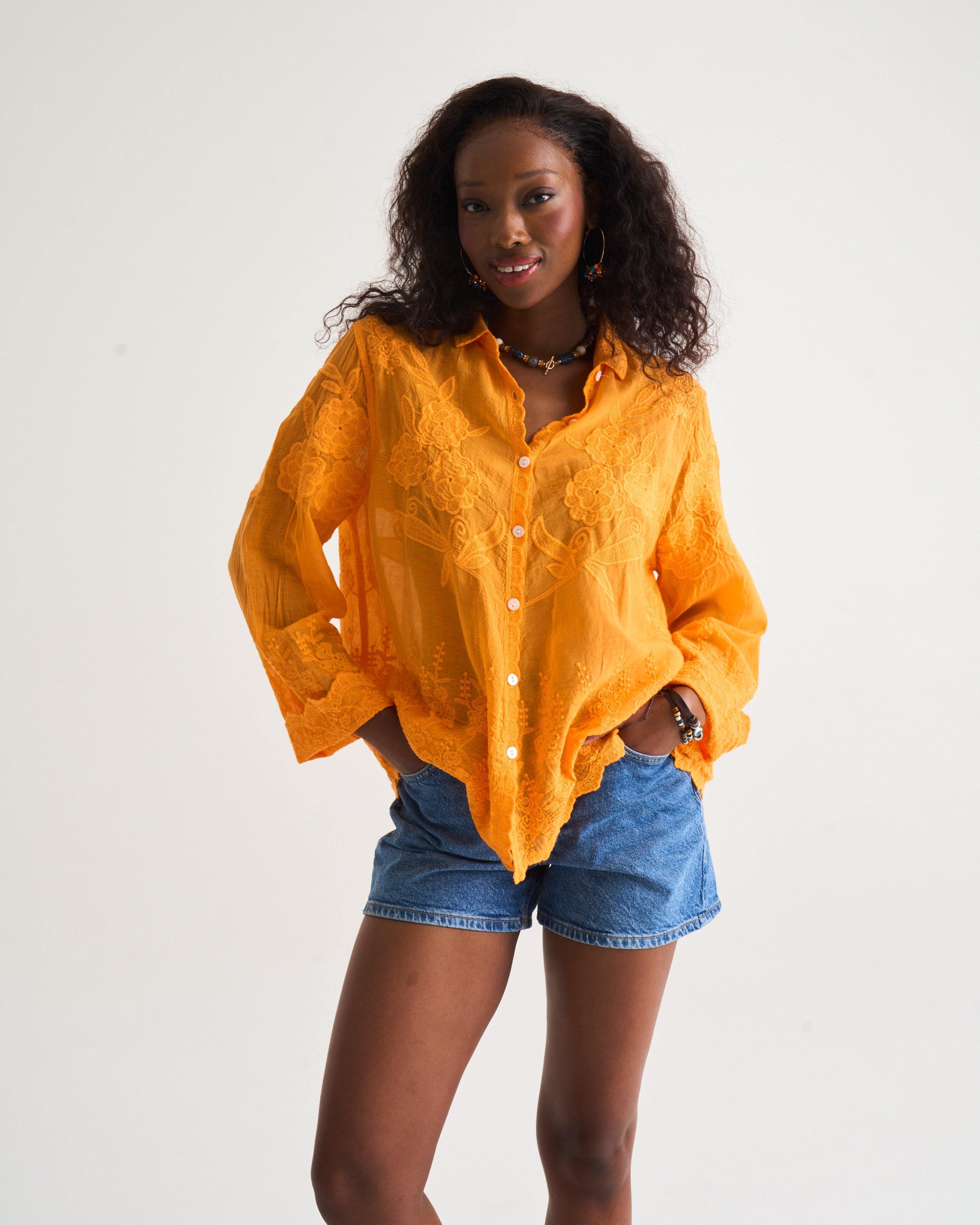 Appliqué Cotton Blouse in Mango