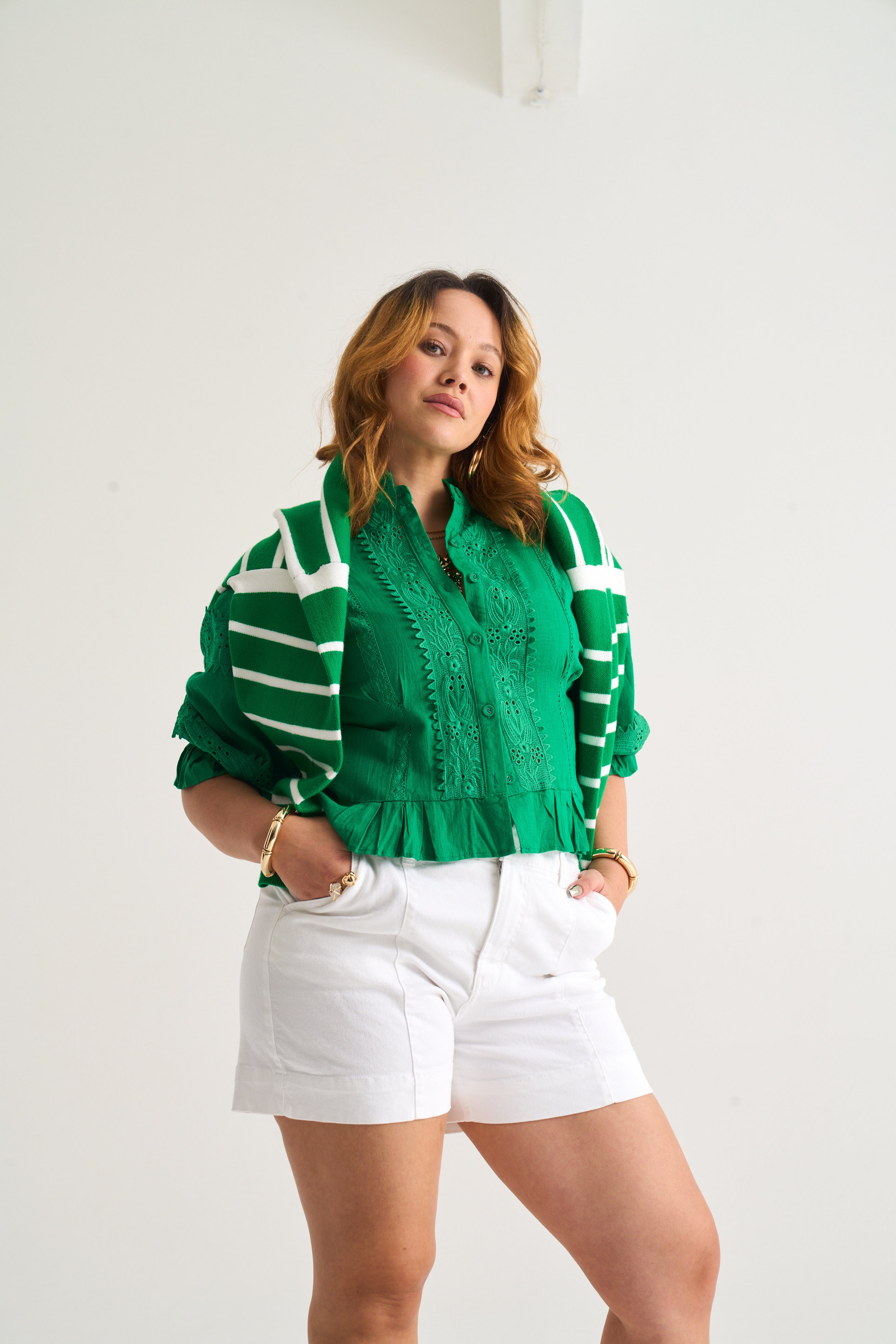 Apple Green Linen Trim Blouse