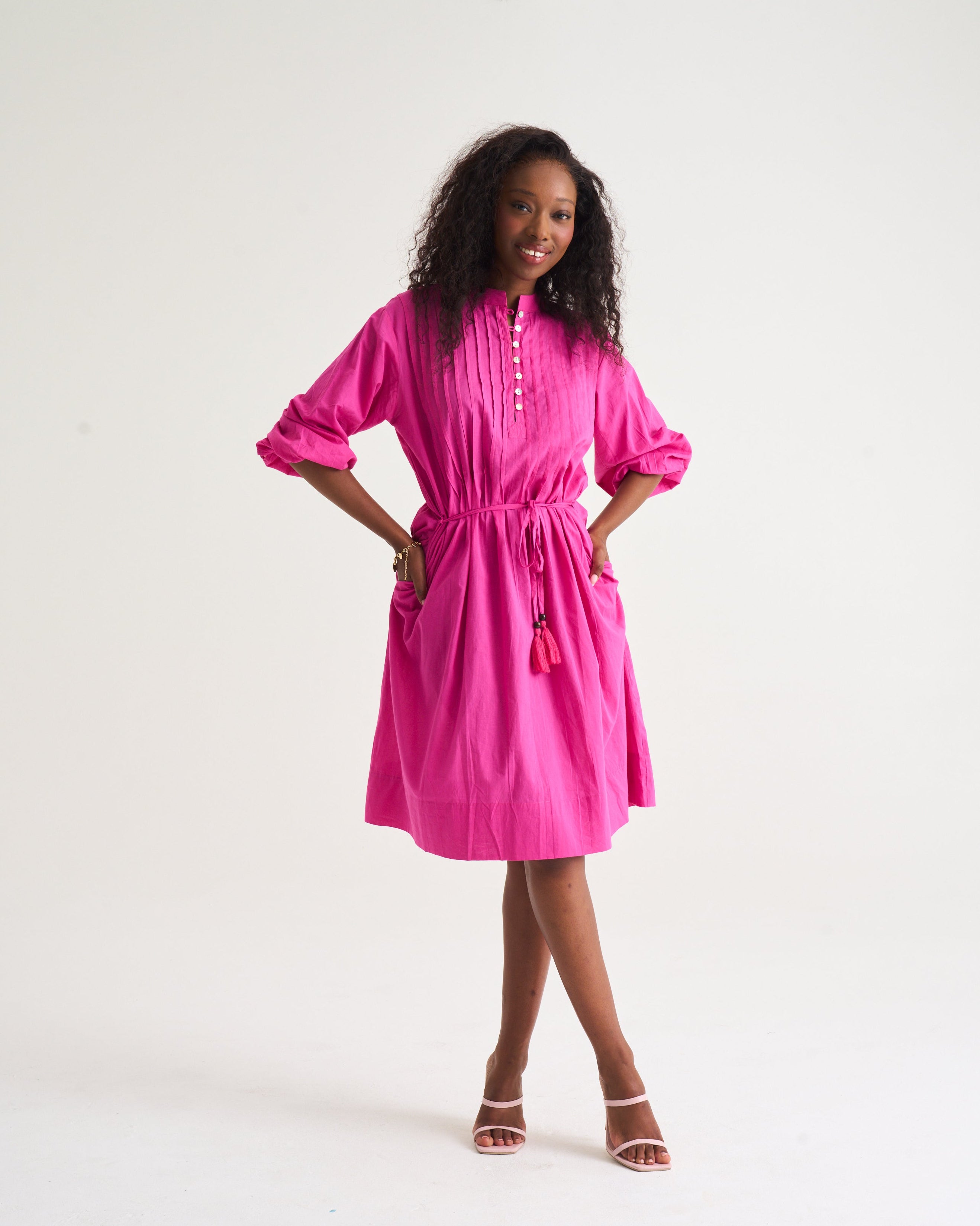 Cotton Country Pin-tuck Dress In Magenta