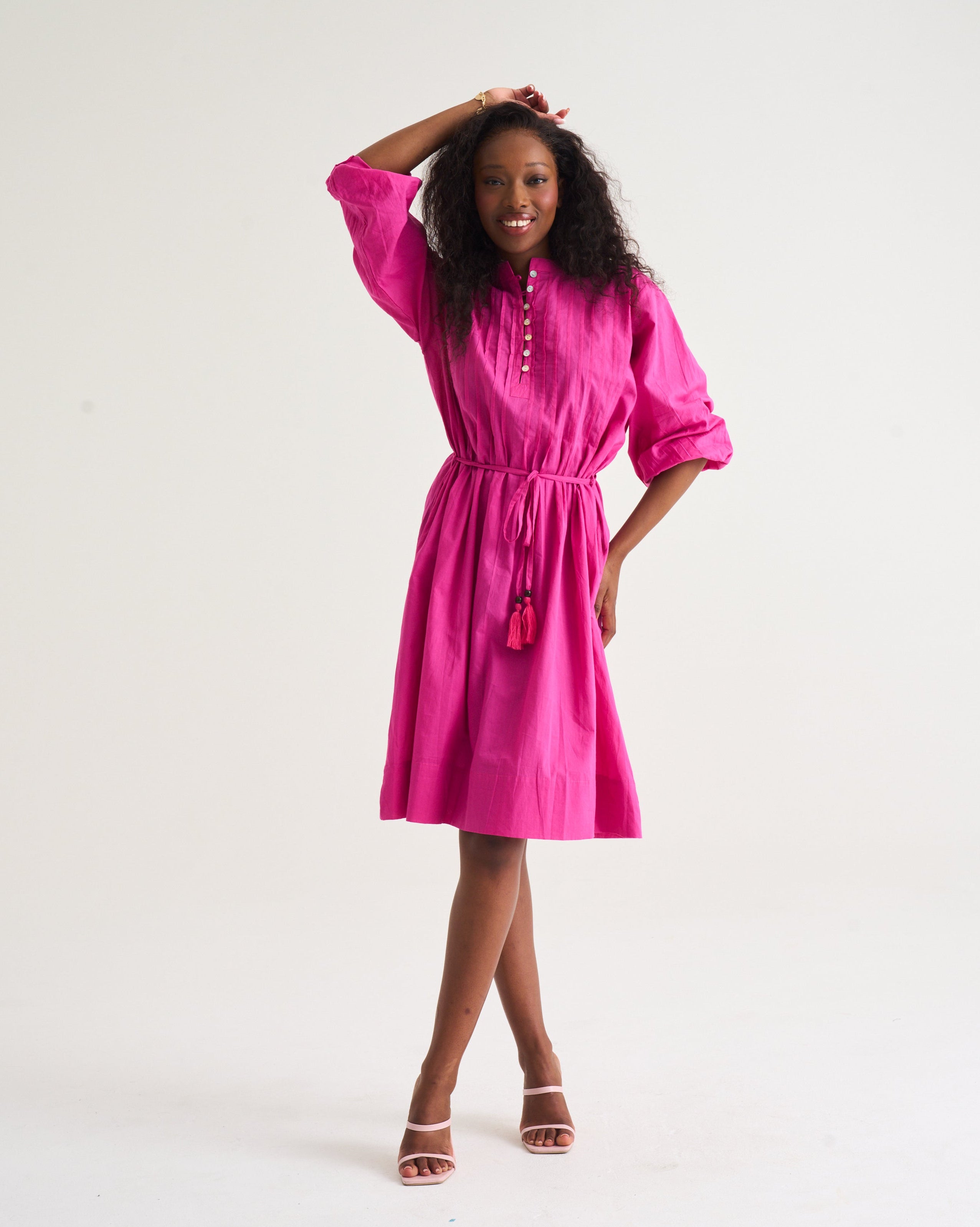 Cotton Country Pin-tuck Dress In Magenta