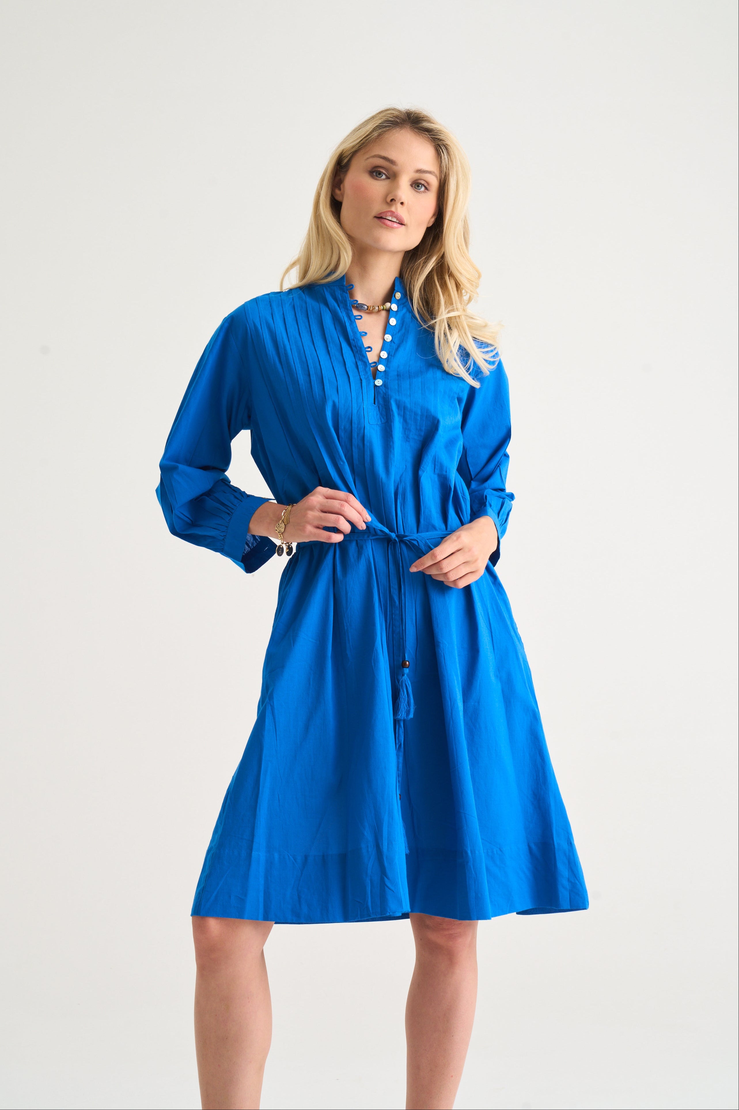 Cotton Country Pin-tuck Dress In Cobalt