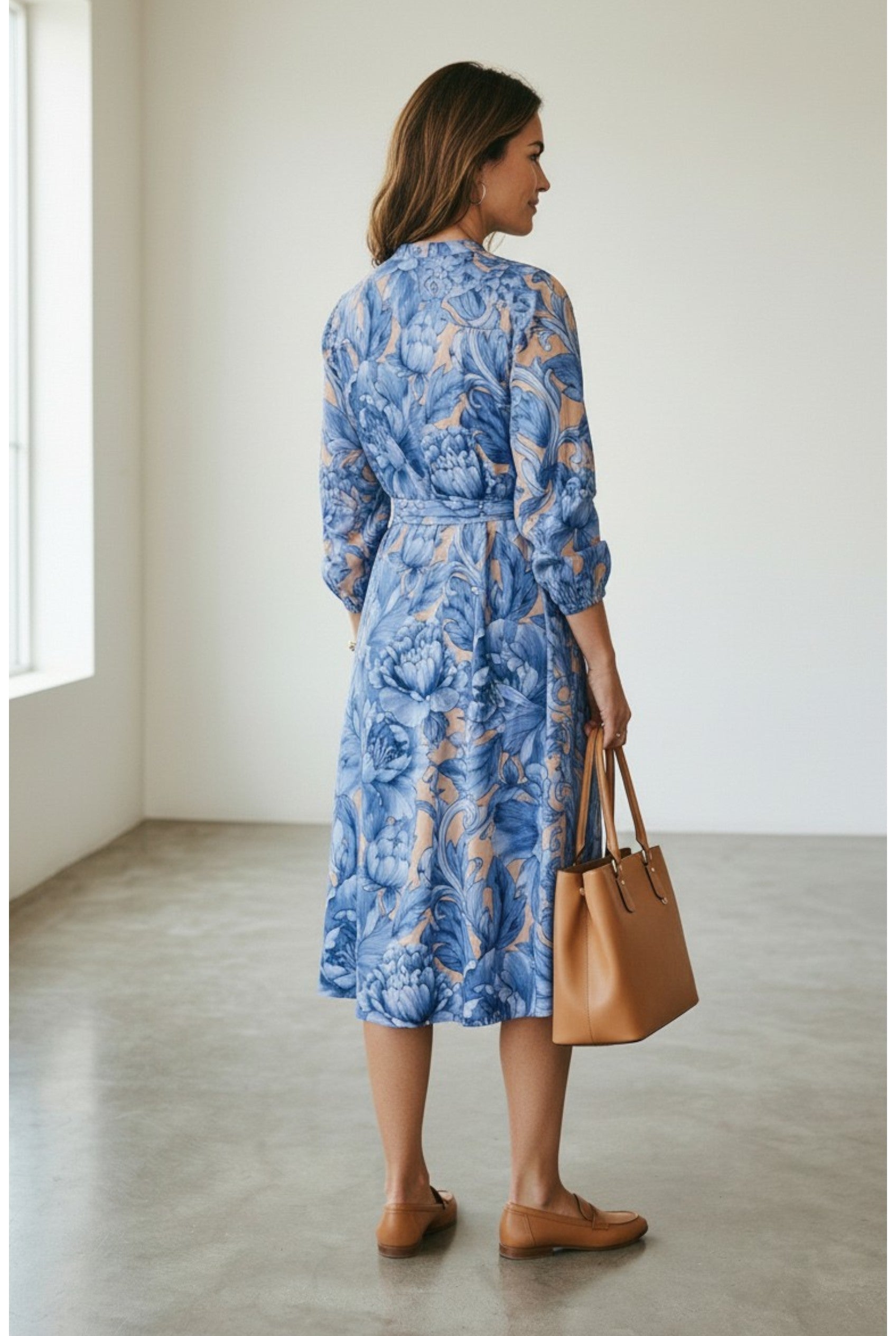 Marina Printed Peony Dress - Beige