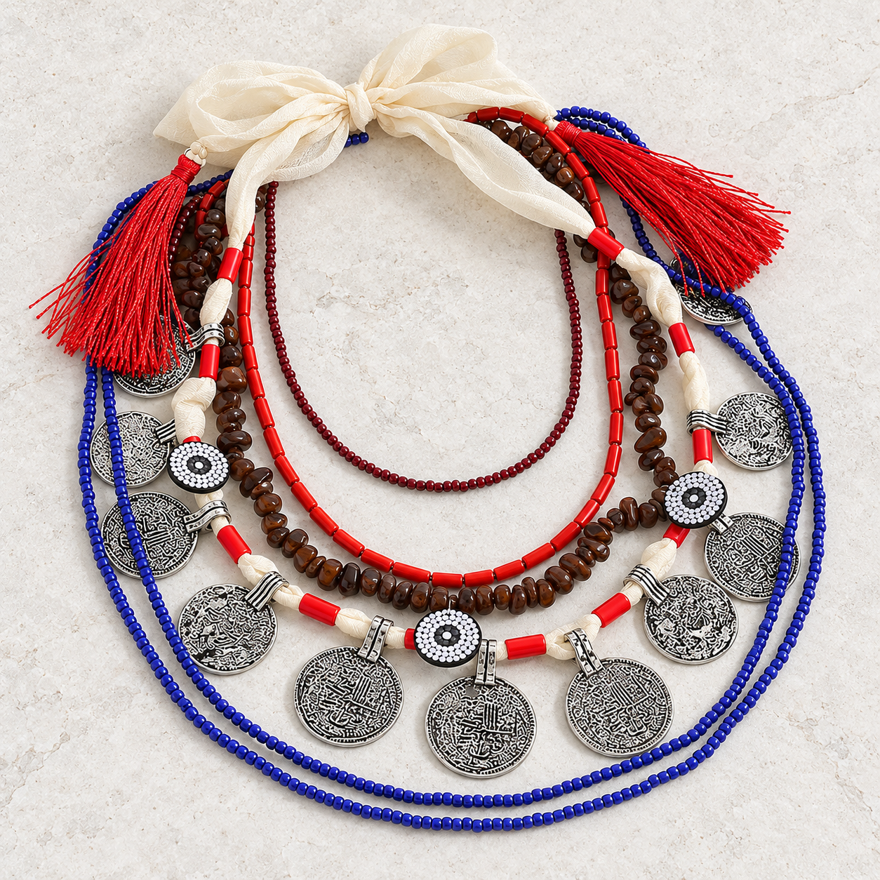 A layered necklace set featuring red, white, and blue beaded strands with silver-tone coin charms and tassel accents, arranged on a light textured background.