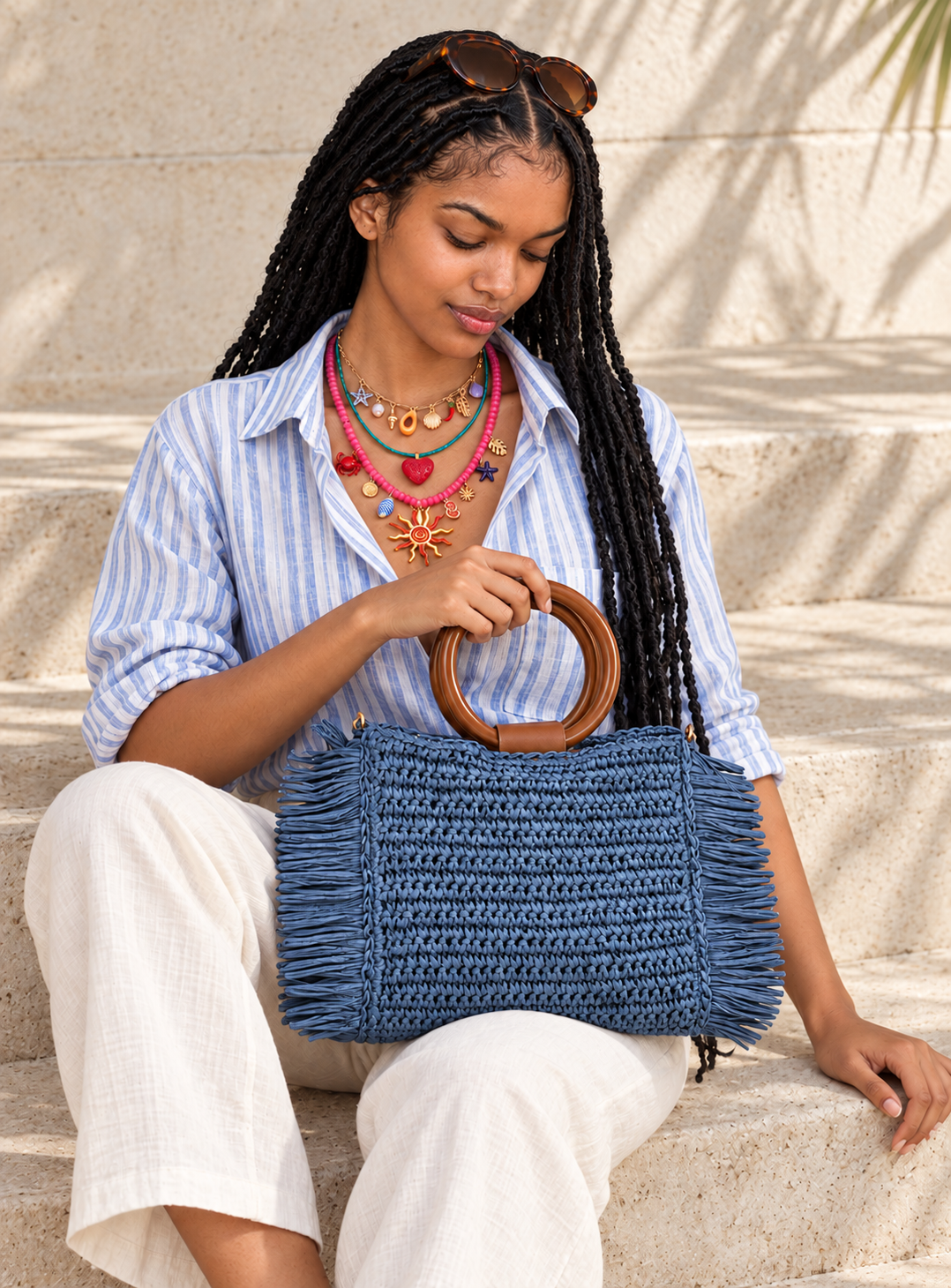 Riviera Blue Woven Fringe Handbag