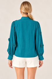 3D Floral Applique Trim Blouse - Teal