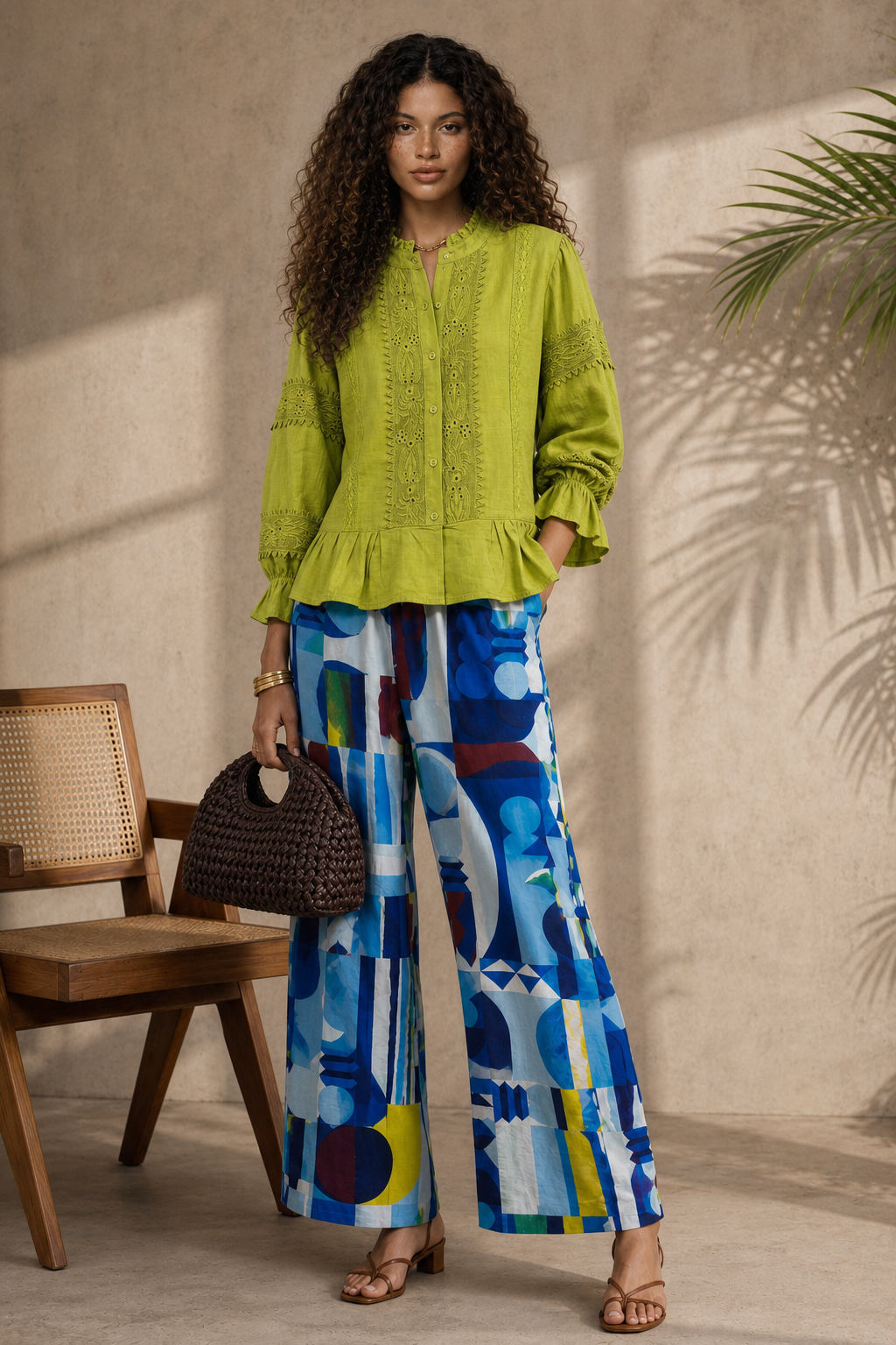 Linen Trim Blouse - Chartruese