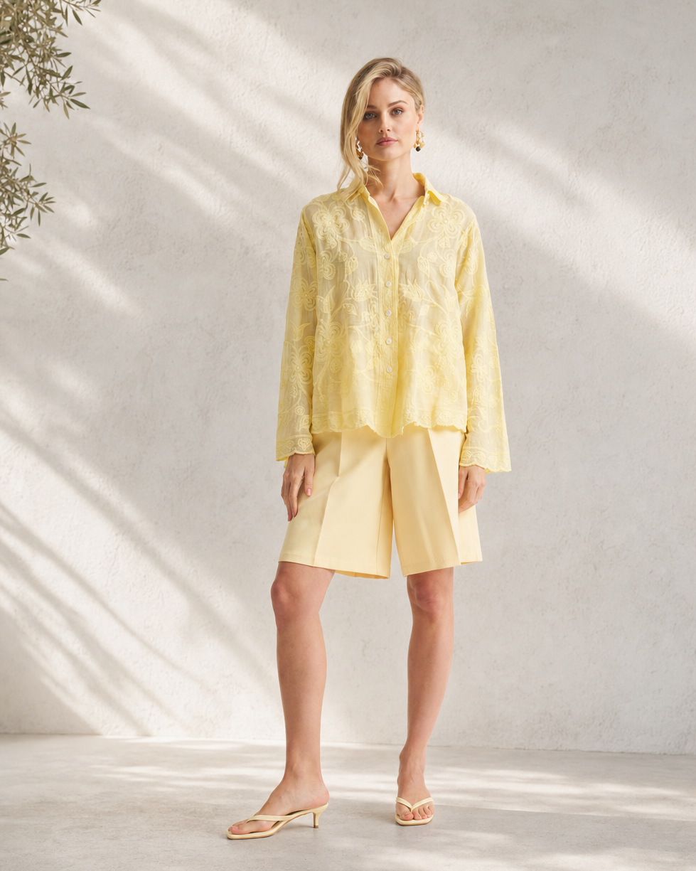 Floral Applique Blouse - Butter Yellow