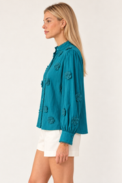 3D Floral Applique Trim Blouse - Teal