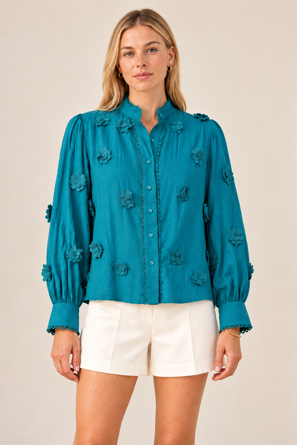 3D Floral Applique Trim Blouse - Teal