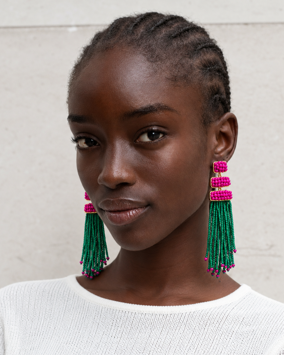 Zuri Fuchsia & Emerald Beaded Tassel Earrings