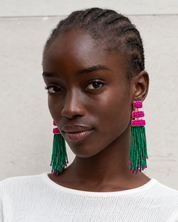 Zuri Fuchsia & Emerald Beaded Tassel Earrings