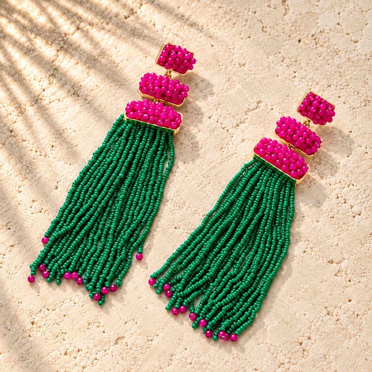 Zuri Fuchsia & Emerald Beaded Tassel Earrings